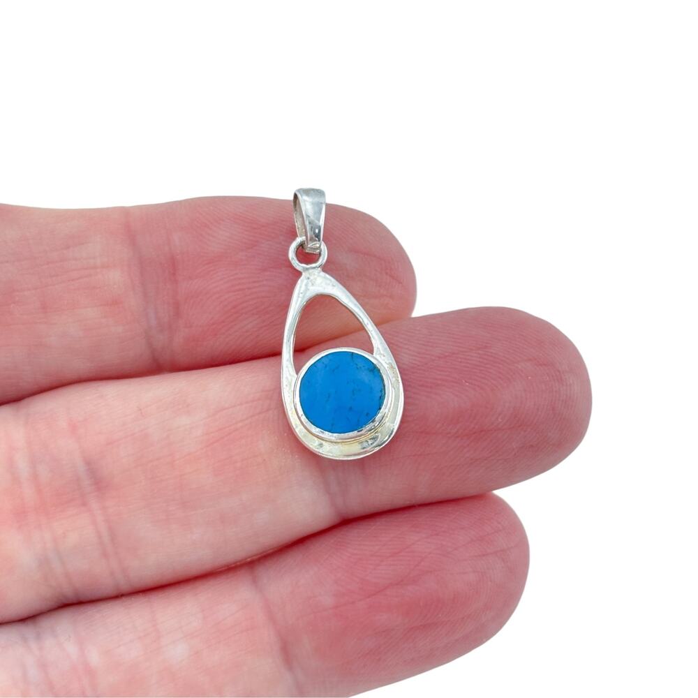 Vintage Sterling Silver 925 Blue Enamel Teardrop Open Frame Pendant